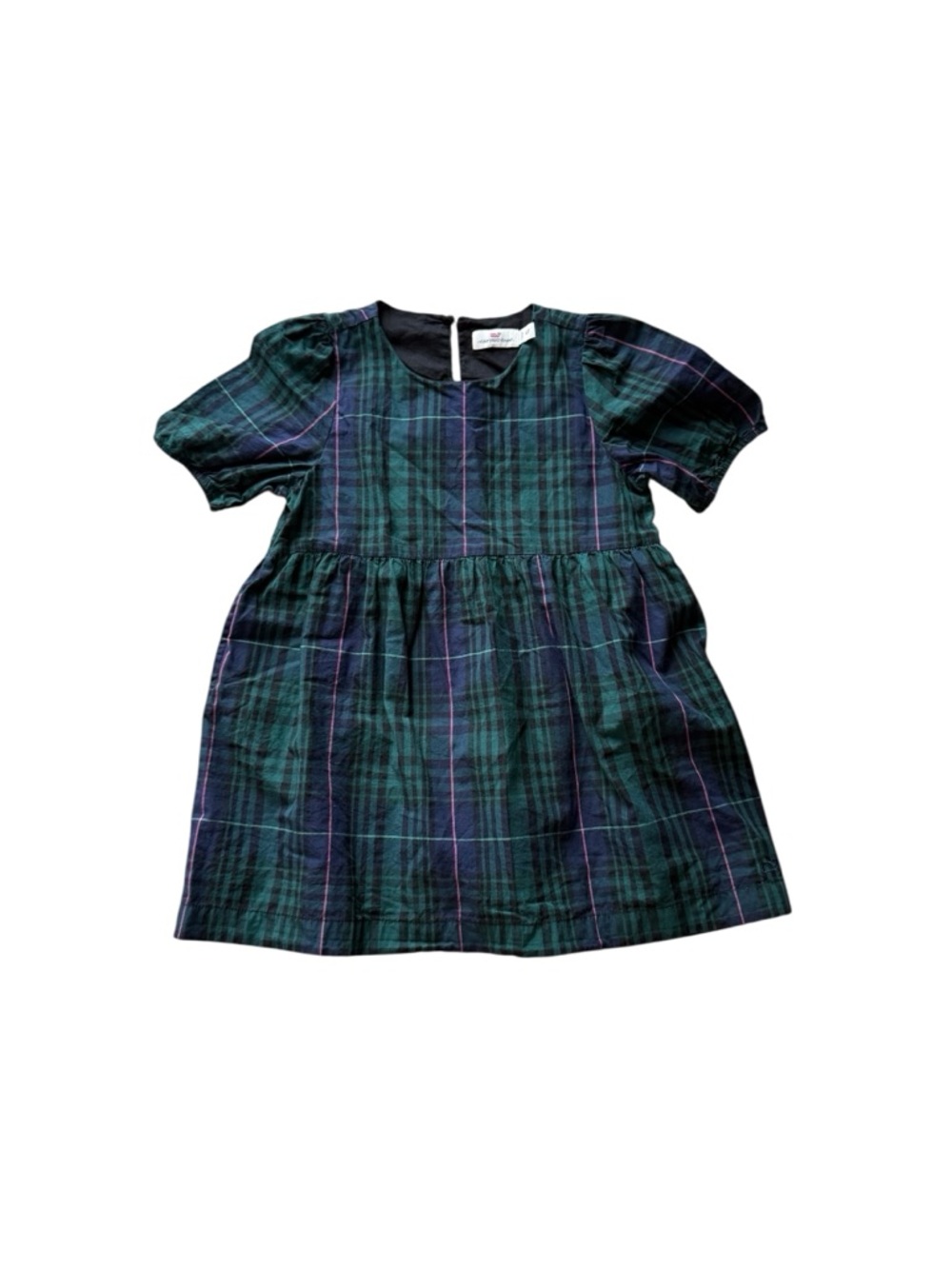 Vineyard Vines Girls Green and Navy Plaid Dress with Pink Accents